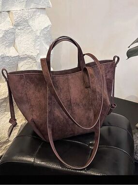 Suede Tote Handbag - Brown